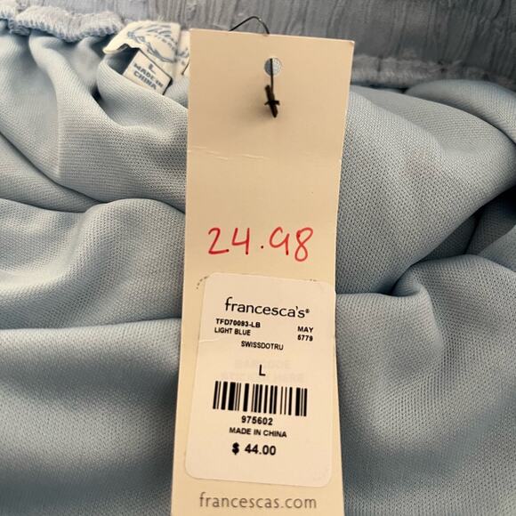 NWT Francesca’s Light Blue Swiss Dot Mini Faux Wrap Skirt Size Large - Picture 7 of 7